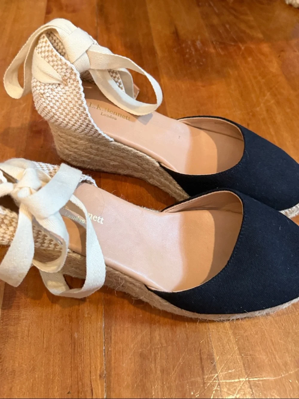 LK Bennett Black Canvas Espadrille Wedges with Cream Ankle Ties
